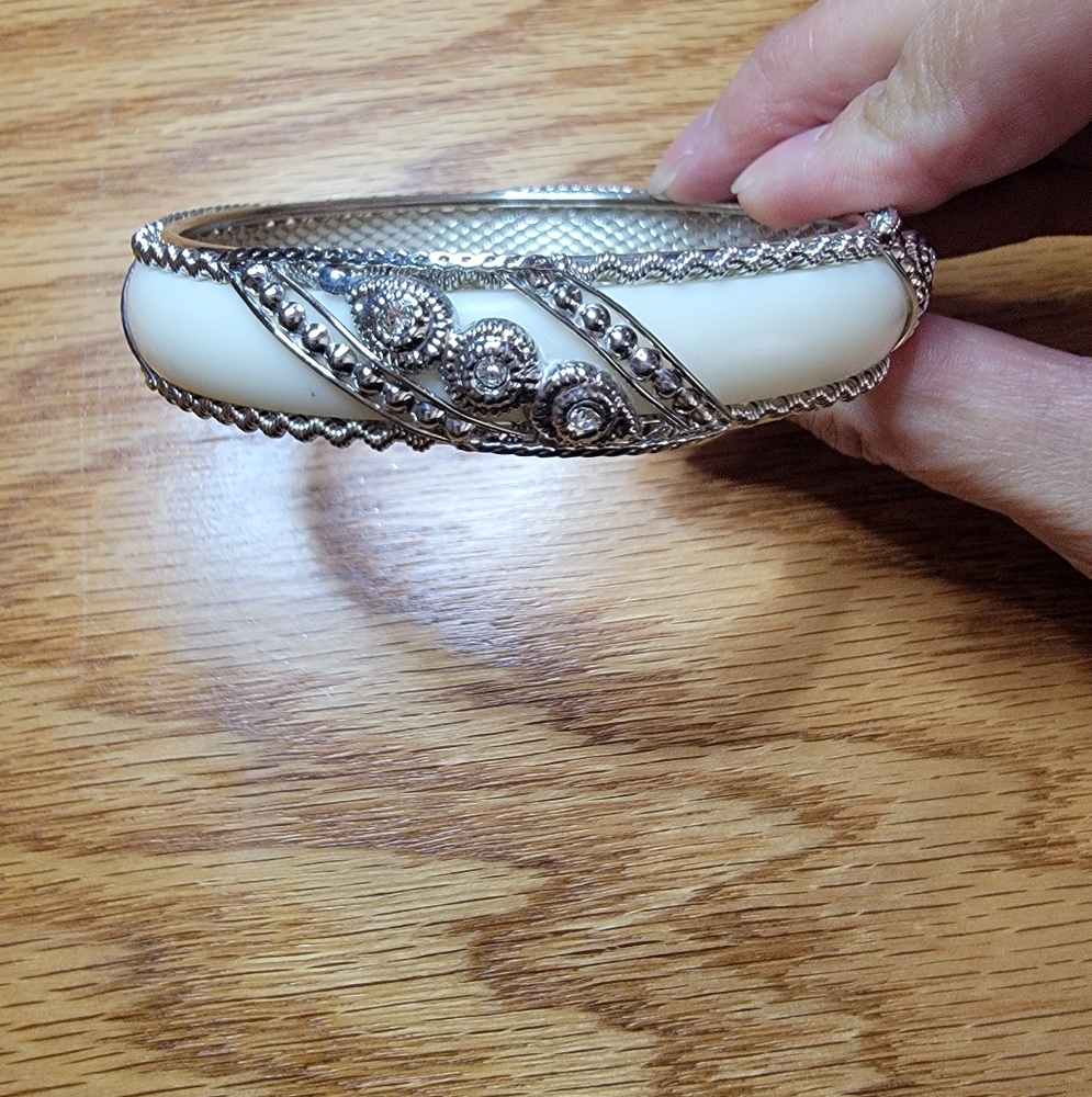 Women's White Bracelet/Bangle with Rhinestones-Silver Tone